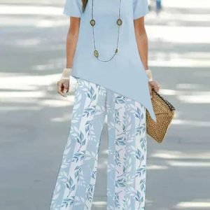 Women Floral Crew Neck Short Sleeve Comfy Casual Top With Pants Two-Piece Set, Sets, color:Light Blue|size:XXL, catalog Noracora shop
