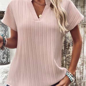 V Neck Short Sleeve Plain Regular Loose Shirt For Women, Blouses, color:Blue|size:XXL, catalog Noracora shop