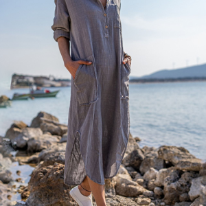 Women Plain Shirt Collar Long Sleeve Comfy Casual Buckle Maxi Dress, Maxi, color:Gray|size:XXL, catalog Noracora shop