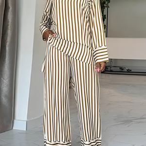 Women Striped V Neck Half Sleeve Comfy Casual Top With Pants Two-Piece Set, Sets, color:Brown|size:5XL, catalog Noracora shop