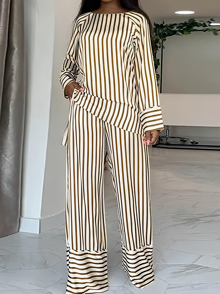 Women's Striped Daily Going Out Two Piece Set Half Sleeve Casual Summer Top With Pants Matching Set, JustFashionNow Suit Set, color:Brown|size:5XL,