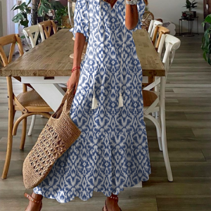 Women's Shift Dress Maxi Dress half Sleeve Floral Print Summer Fall V Neck Casual Geometric Printed Dress, Maxi, color:Gray|size:XS, catalog Noracora shop