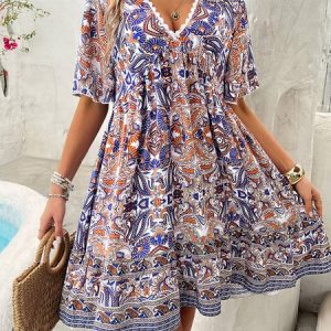 Women Ethnic V Neck Short Sleeve Comfy Casual Short Dress, Short, color:Black|size:XL, catalog Noracora shop