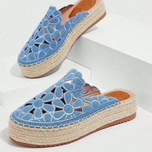 Hollow Out Floral Embroidered Platform Espadrille Mules, Flats, color:Blue|size:41, Stylewe