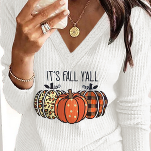 V Neck Long Sleeve Halloween Zipper Regular Loose Blouse For Women, Blouses, color:White|size:XL, catalog Noracora shop