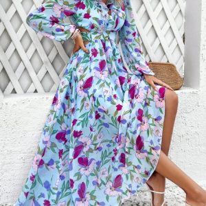 Women Floral V Neck Long Sleeve Comfy Boho Maxi Dress, Maxi, color:Blue|size:XL, catalog Noracora shop