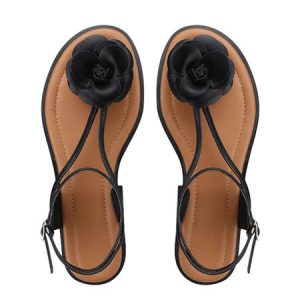 Elegant Camellia Ankle Strap Thong Sandals, Sandals, color:Black|size:40, Stylewe