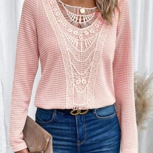 Long Sleeve Geometric Lace Regular Micro-Elasticity Loose Blouse For Women, Blouses, color:Pink|size:3XL, catalog Noracora shop