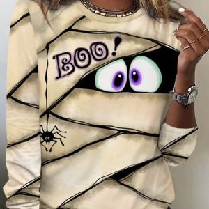 Halloween spider and eye print casual long sleeved round neck women's T-shirt, Long sleeves, Lilicloth.com