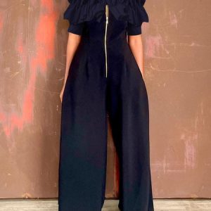 Cold Shoulder Casual Ruffle Short Sleeve Jumpsuit, Jumpsuits, color:Black|size:XXL, Stylewe