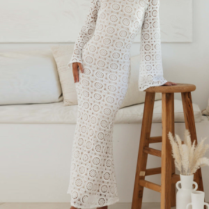 Women Plain Crew Neck Long Sleeve Comfy Vacation Maxi Dress, Dresses, color:White|size:XL, catalog Noracora shop