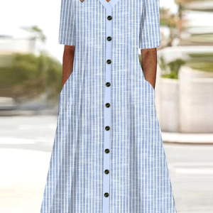 Women Striped V Neck Short Sleeve Comfy Casual Buckle Midi Dress, Dresses, color:Blue|size:XXL, catalog Noracora shop