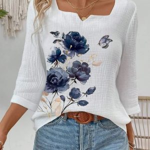 Women's Three Quarter Sleeve Tee T-shirt Spring/Fall Floral Printing Cotton Notched Daily Going Out Casual Top, JustFashionNow T-Shirts, color:White|size:XXL,