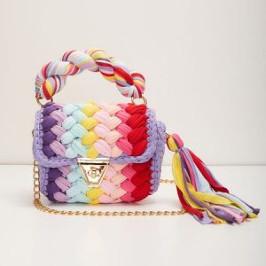 Handmade Braided Top Handle Bag with Removable Metal Chain Strap, Bags, color:Multicolor|size:One-size, Stylewe