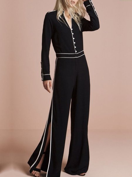 Regular Fit Color Block Urban Long Sleeve Jumpsuit, Jumpsuits, color:Black|size:XXL, Stylewe