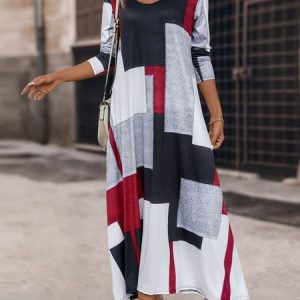Women Geometric Crew Neck Long Sleeve Comfy Casual Maxi Dress, Dresses, color:Black|size:XXL, catalog Noracora shop