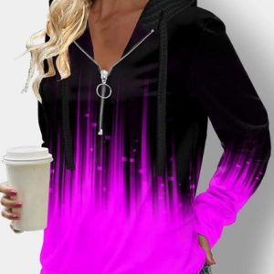 Casual V Neck Geometric Sweatshirt Zipper, Hoodies & Sweatshirts, color:Pink|size:3XL, catalog Noracora shop