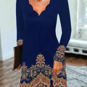 Women Ethnic V Neck Long Sleeve Comfy Casual Midi Dress, Dresses, color:Deep Blue|size:XXL, catalog Noracora shop