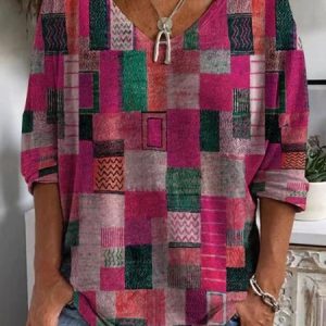 Casual Geometric V Neck Long Sleeve T-shirt, T-shirts, color:Rose Red|size:3XL, catalog Noracora shop
