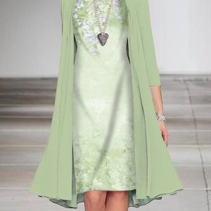 Women Floral Shawl Collar Three Quarter Sleeve Comfy Casual Coat With Skirt Two-Piece Set, Sets, color:Aqua|size:5XL, catalog Noracora shop