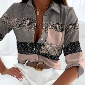 Long Sleeve Geometric Regular Loose Shirt For Women, Shirts, color:Gray|size:5XL, catalog Noracora shop