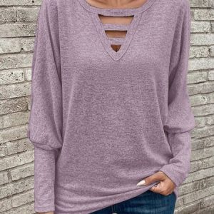 Crew Neck Long Sleeve Plain Regular Micro-Elasticity Loose Blouse For Women, Blouses, color:Pink|size:3XL, catalog Noracora shop