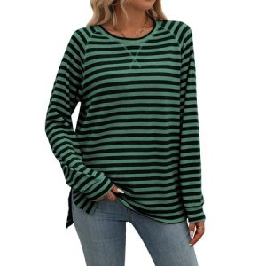 Crew Neck Long Sleeve Striped Regular Medium Elasticity Loose Blouse For Women, Blouses, color:Green|size:XXL, catalog Noracora shop