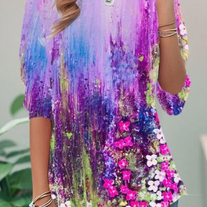 Casual Floral Crew Neck Long Sleeve T-shirt, Blouses, color:Purple|size:XXL, catalog Noracora shop