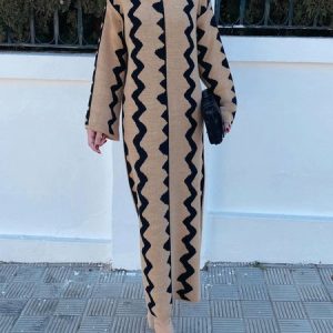 Geometric Casual Crew Neck Long Sleeve Sweater Maxi Dress, Maxi Dresses, color:Khaki|size:XXL, Stylewe