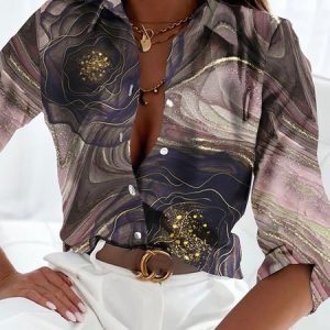 Women's Long Sleeve Shirt Spring/Fall Random Print Shirt Collar Daily Going Out Casual Top, JustFashionNow Shirts, color:Brown|size:3XL,