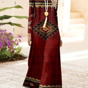 Women Ethnic Crew Neck Three Quarter Sleeve Comfy Casual Maxi Dress, Dresses, color:Wine Red|size:XXL, catalog Noracora shop