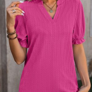 V Neck Short Sleeve Plain Regular Micro-Elasticity Loose Shirt For Women, Blouses, color:Rose Red|size:XXL, catalog Noracora shop