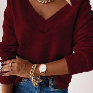 Women Yarn/Wool Yarn Color Block Long Sleeve Comfy Casual Sweater, Sweaters, color:Wine Red|size:XXL, catalog Noracora shop
