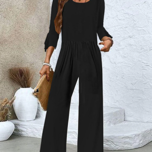 Women Three Quarter Sleeve Crew Neck Loose Long Daily Casual Plain Natural Jumpsuit, Jumpsuits&Rompers, color:Black|size:XXL, catalog Noracora shop
