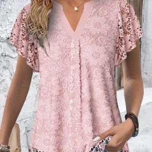 Women's Short Sleeve Shirt Summer Plain V Neck Daily Going Out Casual Top, JustFashionNow Blouses, color:Pink|size:XXL,