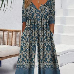 Women Half Sleeve V Neck Loose Long Daily Casual Ethnic Natural Jumpsuit, Jumpsuits&Rompers, color:Blue|size:XXL, catalog Noracora shop