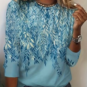 Casual Leaf Crew Neck Long Sleeve T-shirt, T-shirts, color:Blue|size:5XL, catalog Noracora shop