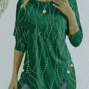 Crew Neck Long Sleeve Abstract Lace Regular Loose Blouse For Women, Blouses, color:Green|size:XXL, catalog Noracora shop