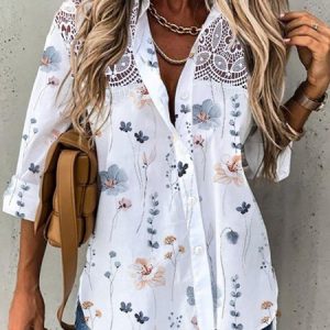 Long Sleeve Floral Regular Loose Shirt For Women, Shirts, color:White|size:3XL, catalog Noracora shop