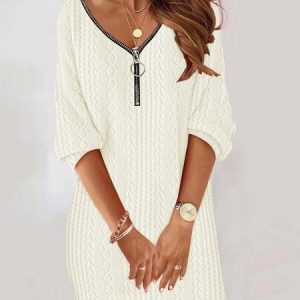 Women Striped V Neck Long Sleeve Comfy Casual Zipper Midi Dress, Dresses, color:Apricot|size:XXL, catalog Noracora shop