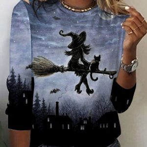 Women's Long Sleeve Tee T-shirt Spring/Fall Halloween Printing Jersey Crew Neck Daily Going Out Vintage Top, JustFashionNow T-Shirts, color:Deep Blue|size:XXL