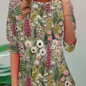 Casual Floral Crew Neck Long Sleeve T-shirt, Blouses, color:Multicolor|size:XXL, catalog Noracora shop