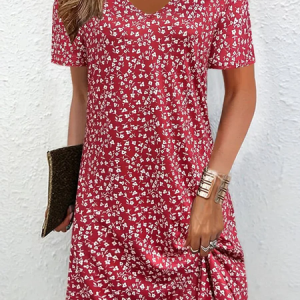 Women Ditsy Floral V Neck Short Sleeve Comfy Casual Mini Dress, Short, color:Red|size:XXL, catalog Noracora shop
