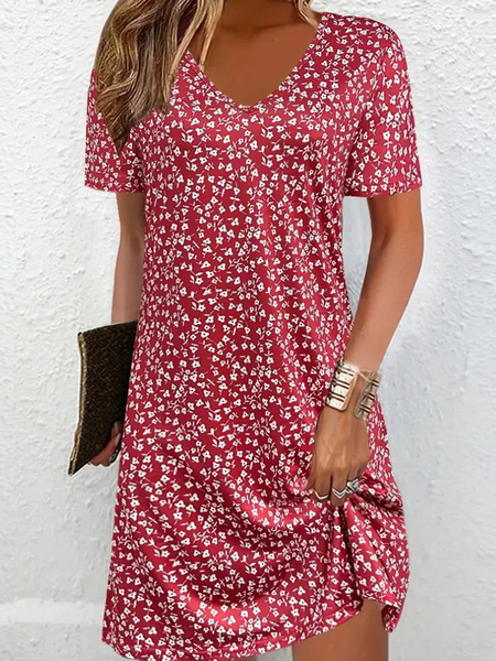 Women's Short Sleeve Summer Ditsy Floral Dress V Neck Daily Going Out Casual Mini T-Shirt Dress H-Line Dress, JustFashionNow Dresses, color:Red|size:XXL,