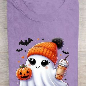 Fun Halloween Pumpkin Printed Round Neck T-shirt, T-shirts, Lilicloth.com