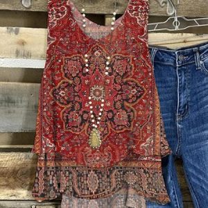 Casual V Neck Ethnic Tank Top Folds, Tanks & Camis, color:Red|size:XXL, catalog Noracora shop