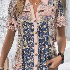 Shirt Collar Short Sleeve Floral Regular Loose Blouse For Women, Shirts, color:Multicolor|size:XXL, catalog Noracora shop