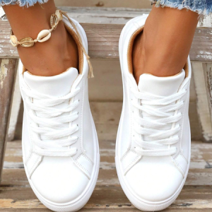 Women Sneakers Casual Plain Lace-Up Flat Heel Slip On Shoes, Sneakers&Athletic, color:White|size:43, catalog Noracora shop