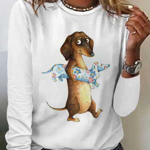 Crew Neck Dog Casual Loose T-Shirt, Long sleeves, Lilicloth.com