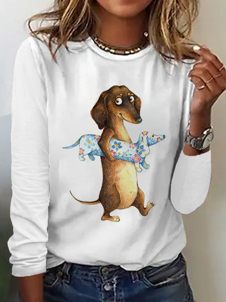Crew Neck Dog Casual Loose T-Shirt, Long sleeves, Lilicloth.com